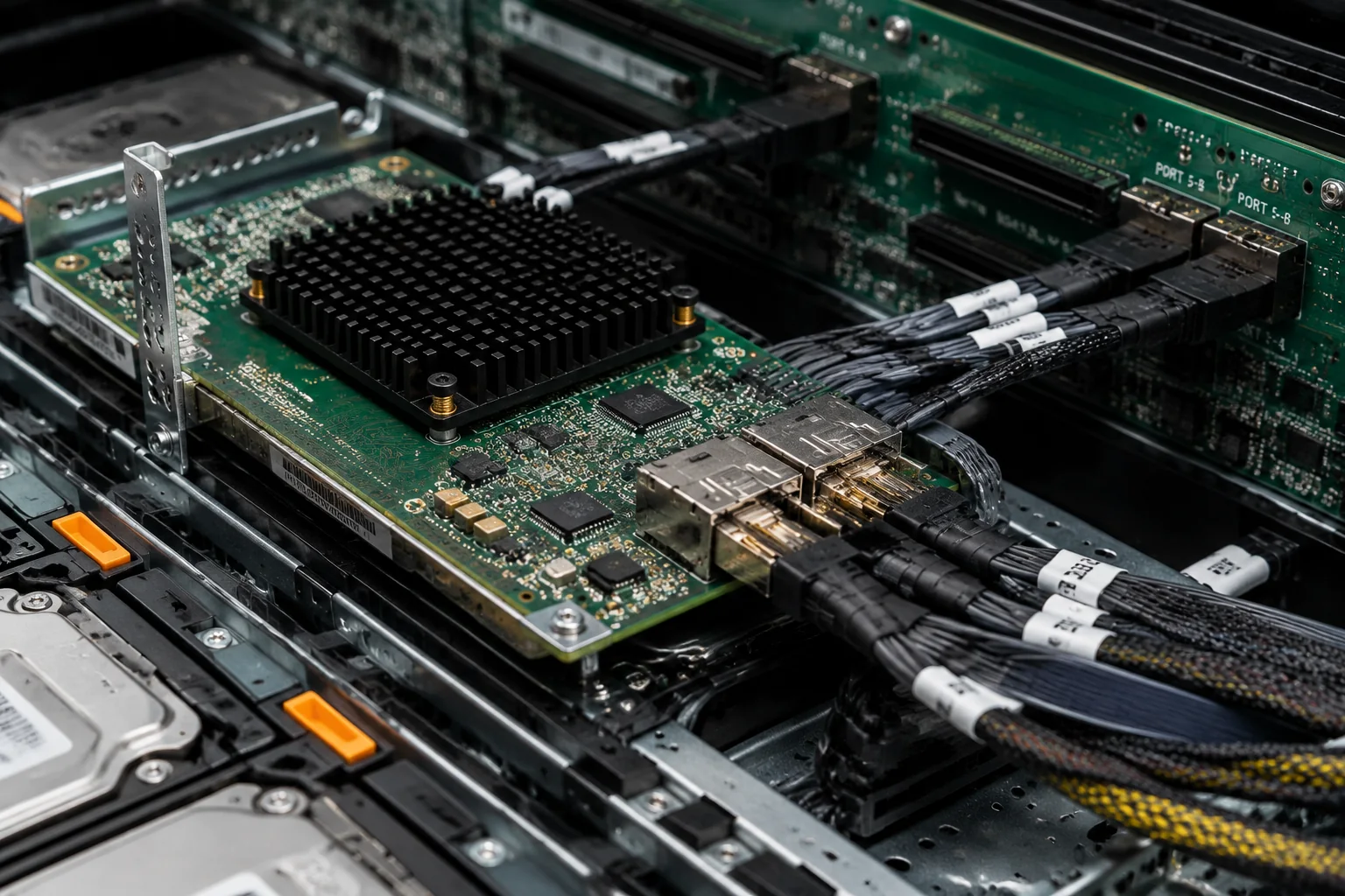 Close-up of a server storage controller with internal cables connected to the drive backplane