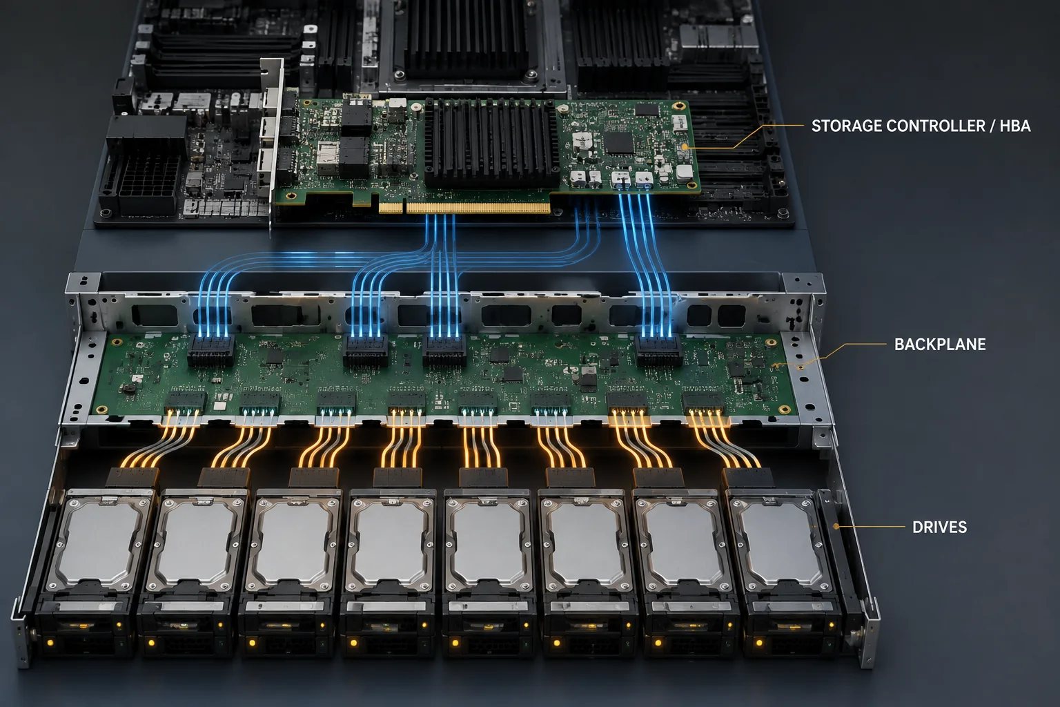 Server storage architecture showing a controller connected through a backplane to multiple drives