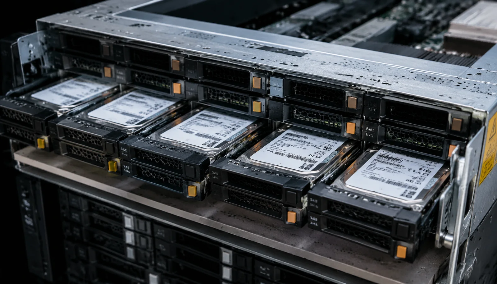 Server drive bays with enterprise storage drives installed in a hot-swap chassis