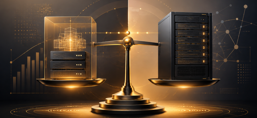 Balance scale comparing a virtual server environment with a dedicated physical server