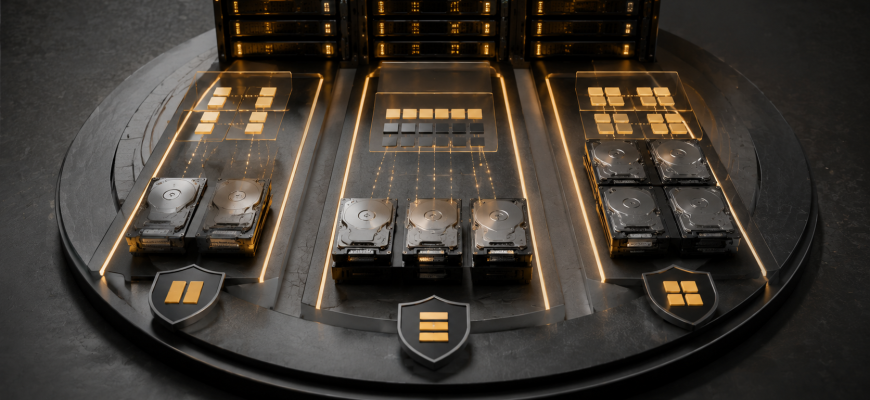 RAID storage configurations illustrated with mirrored, parity, and striped drive arrays