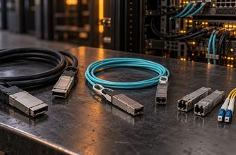DAC vs AOC vs optical transceivers on a data center workbench