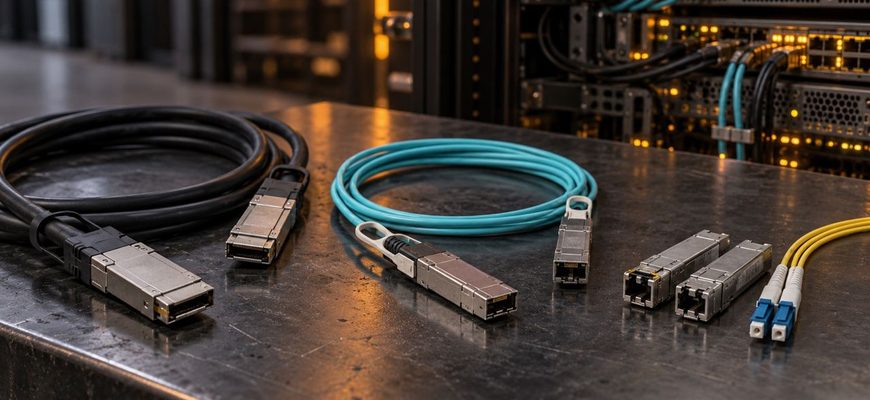 DAC vs AOC vs optical transceivers on a data center workbench